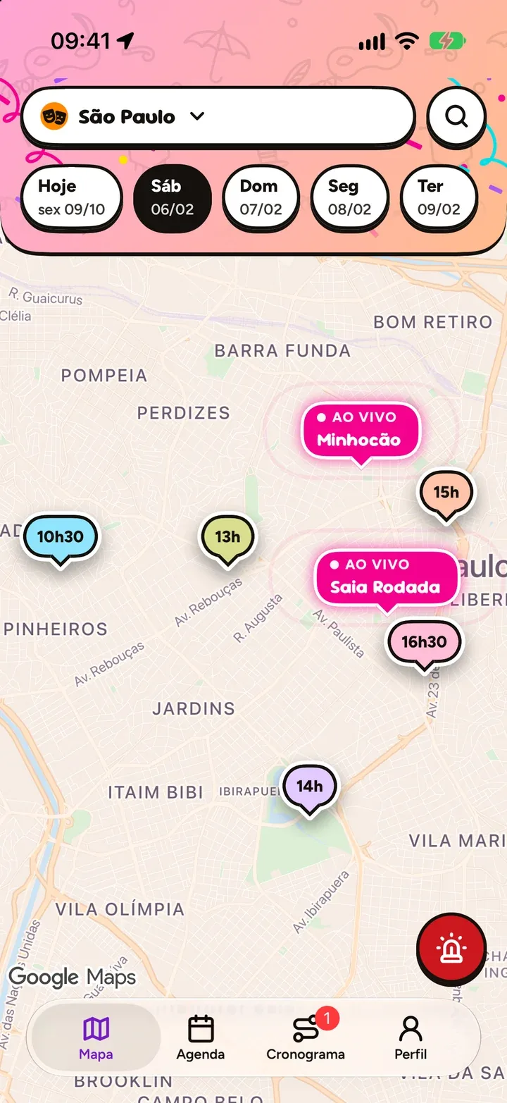 O mapa do Qual Bloco? com os blocos do dia em São Paulo e dois blocos AO VIVO