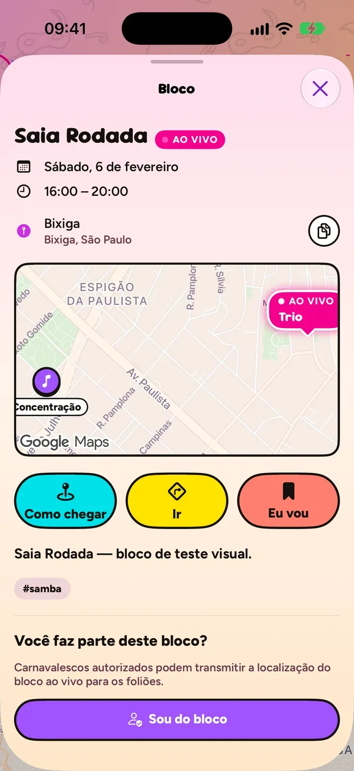 Os detalhes do bloco, com Como chegar, Ir e Eu vou